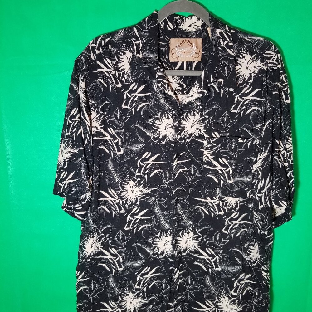 Bruno New York Men XL Button Down Tropical Summer Black‎ Hawaiian Hibiscus